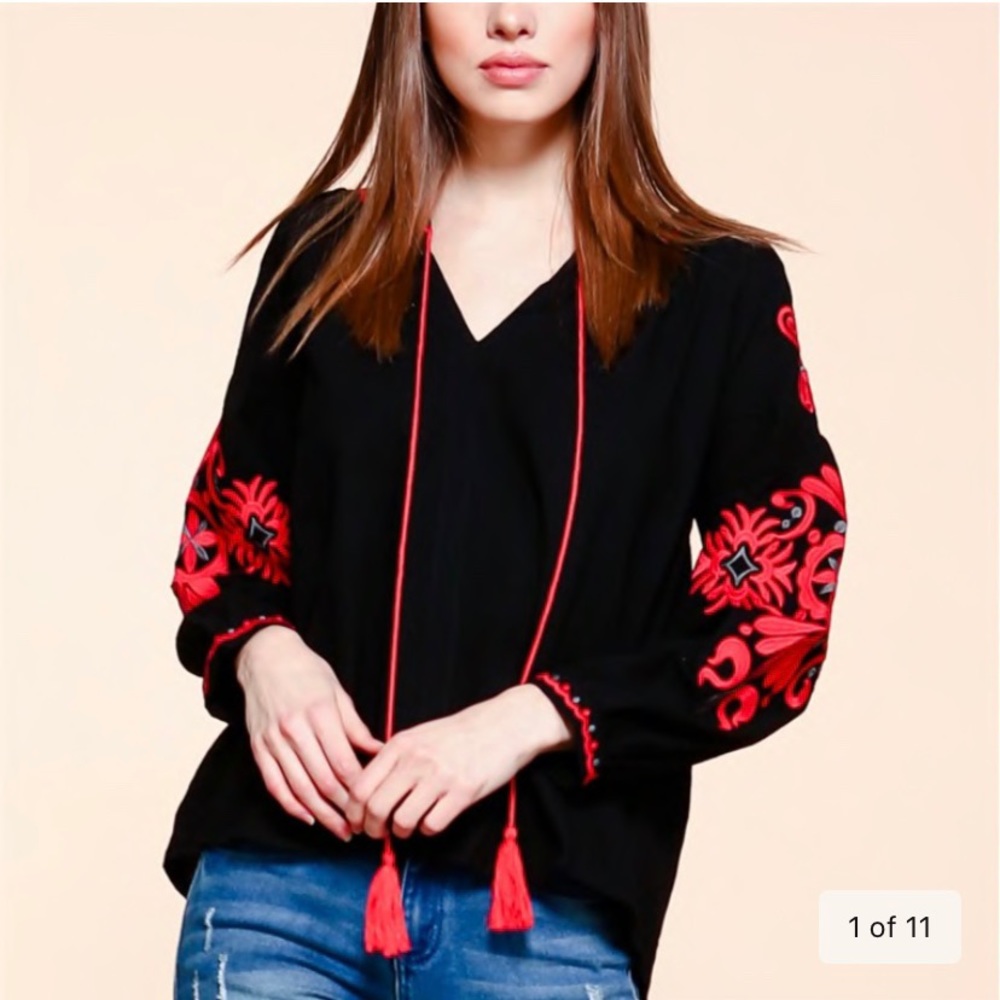 Black and red floral boho top